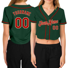 Load image into Gallery viewer, Custom Women&#39;s Green Red-Cream V-Neck Cropped Baseball Jersey
