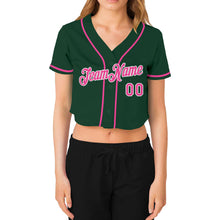 Load image into Gallery viewer, Custom Women&#39;s Green Pink-White V-Neck Cropped Baseball Jersey
