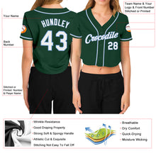 Load image into Gallery viewer, Custom Women&#39;s Green White-Light Blue V-Neck Cropped Baseball Jersey
