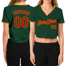 Load image into Gallery viewer, Custom Women&#39;s Green Red-Gold V-Neck Cropped Baseball Jersey

