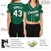 Load image into Gallery viewer, Custom Women&#39;s Kelly Green White-Gray V-Neck Cropped Baseball Jersey
