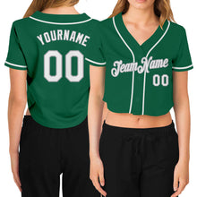 Load image into Gallery viewer, Custom Women&#39;s Kelly Green White-Gray V-Neck Cropped Baseball Jersey
