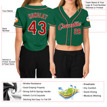 Load image into Gallery viewer, Custom Women&#39;s Kelly Green Red-White V-Neck Cropped Baseball Jersey
