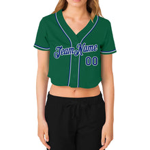 Load image into Gallery viewer, Custom Women&#39;s Kelly Green Royal-White V-Neck Cropped Baseball Jersey
