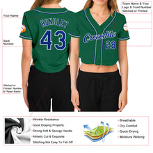 Load image into Gallery viewer, Custom Women&#39;s Kelly Green Royal-White V-Neck Cropped Baseball Jersey
