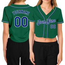 Load image into Gallery viewer, Custom Women&#39;s Kelly Green Royal-White V-Neck Cropped Baseball Jersey
