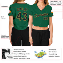 Load image into Gallery viewer, Custom Women&#39;s Kelly Green Black-Old Gold V-Neck Cropped Baseball Jersey
