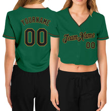 Load image into Gallery viewer, Custom Women&#39;s Kelly Green Black-Old Gold V-Neck Cropped Baseball Jersey
