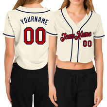Load image into Gallery viewer, Custom Women&#39;s Cream Red-Navy V-Neck Cropped Baseball Jersey
