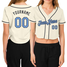 Load image into Gallery viewer, Custom Women&#39;s Cream Light Blue-Steel Gray V-Neck Cropped Baseball Jersey
