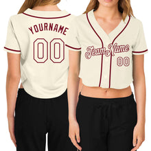 Load image into Gallery viewer, Custom Women&#39;s Cream Cream-Crimson V-Neck Cropped Baseball Jersey
