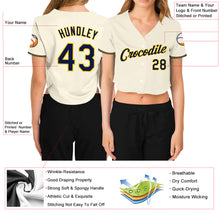 Load image into Gallery viewer, Custom Women&#39;s Cream Navy-Gold V-Neck Cropped Baseball Jersey
