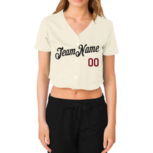 Load image into Gallery viewer, Custom Women&#39;s Cream Black-Crimson V-Neck Cropped Baseball Jersey
