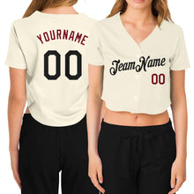 Load image into Gallery viewer, Custom Women&#39;s Cream Black-Crimson V-Neck Cropped Baseball Jersey
