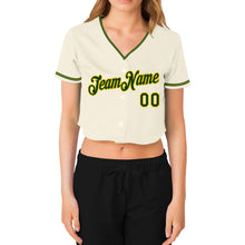 Load image into Gallery viewer, Custom Women&#39;s Cream Green-Gold V-Neck Cropped Baseball Jersey

