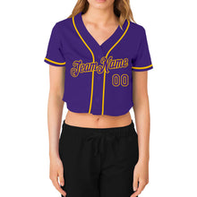 Load image into Gallery viewer, Custom Women&#39;s Purple Purple-Gold V-Neck Cropped Baseball Jersey
