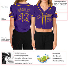 Load image into Gallery viewer, Custom Women&#39;s Purple Purple-Gold V-Neck Cropped Baseball Jersey
