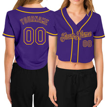 Load image into Gallery viewer, Custom Women&#39;s Purple Purple-Gold V-Neck Cropped Baseball Jersey
