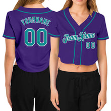 Load image into Gallery viewer, Custom Women&#39;s Purple Aqua-White V-Neck Cropped Baseball Jersey
