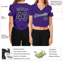 Load image into Gallery viewer, Custom Women&#39;s Purple Black White-Gray V-Neck Cropped Baseball Jersey
