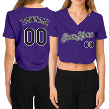 Load image into Gallery viewer, Custom Women&#39;s Purple Black White-Gray V-Neck Cropped Baseball Jersey

