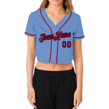 Load image into Gallery viewer, Custom Women&#39;s Light Blue Red-Navy V-Neck Cropped Baseball Jersey
