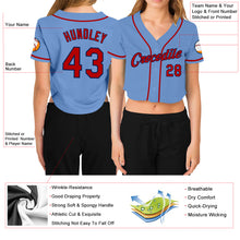 Load image into Gallery viewer, Custom Women&#39;s Light Blue Red-Navy V-Neck Cropped Baseball Jersey

