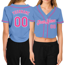 Load image into Gallery viewer, Custom Women&#39;s Light Blue Pink-White V-Neck Cropped Baseball Jersey
