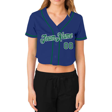 Custom Women's Royal Kelly Green-White V-Neck Cropped Baseball Jersey