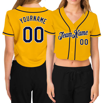 Custom Women's Gold Navy-White V-Neck Cropped Baseball Jersey