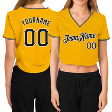 Load image into Gallery viewer, Custom Women&#39;s Gold Black-White V-Neck Cropped Baseball Jersey
