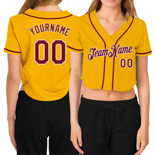 Load image into Gallery viewer, Custom Women&#39;s Gold Crimson-White V-Neck Cropped Baseball Jersey
