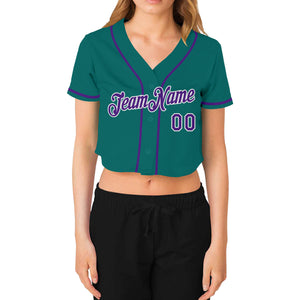 Custom Women's Aqua Purple-White V-Neck Cropped Baseball Jersey