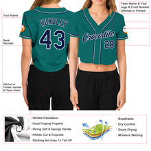 Load image into Gallery viewer, Custom Women&#39;s Aqua Navy-White V-Neck Cropped Baseball Jersey
