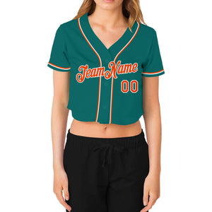 Custom Women's Aqua Orange-White V-Neck Cropped Baseball Jersey