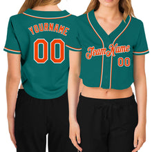 Load image into Gallery viewer, Custom Women&#39;s Aqua Orange-White V-Neck Cropped Baseball Jersey
