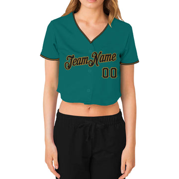 Custom Women's Aqua Black-Old Gold V-Neck Cropped Baseball Jersey