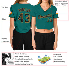 Load image into Gallery viewer, Custom Women&#39;s Aqua Black-Old Gold V-Neck Cropped Baseball Jersey
