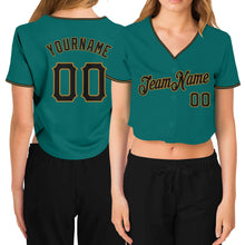 Load image into Gallery viewer, Custom Women&#39;s Aqua Black-Old Gold V-Neck Cropped Baseball Jersey
