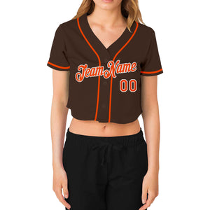 Custom Women's Brown Orange-White V-Neck Cropped Baseball Jersey