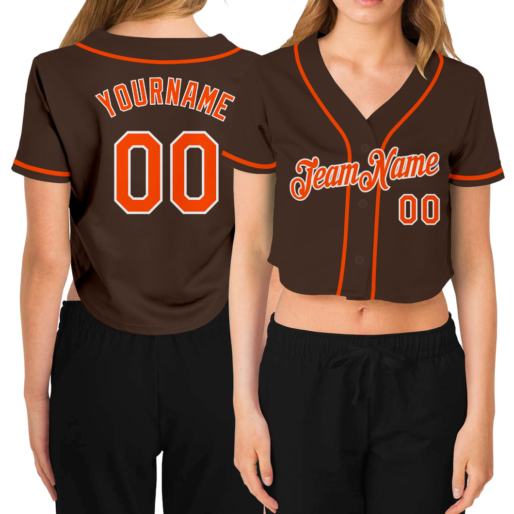 Custom Women's Brown Orange-White V-Neck Cropped Baseball Jersey