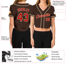 Load image into Gallery viewer, Custom Women&#39;s Brown Red-Cream V-Neck Cropped Baseball Jersey
