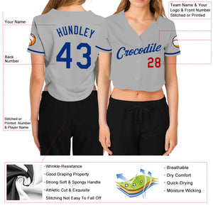 Custom Women's Gray Royal-Red V-Neck Cropped Baseball Jersey