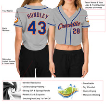 Load image into Gallery viewer, Custom Women&#39;s Gray Royal-Orange V-Neck Cropped Baseball Jersey
