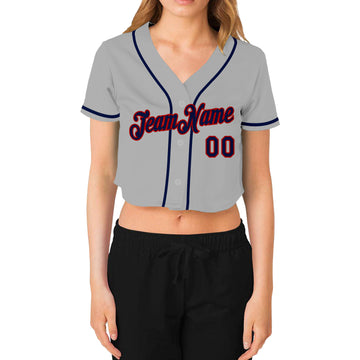 Custom Women's Gray Navy-Red V-Neck Cropped Baseball Jersey