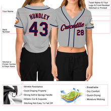 Load image into Gallery viewer, Custom Women&#39;s Gray Navy-Red V-Neck Cropped Baseball Jersey
