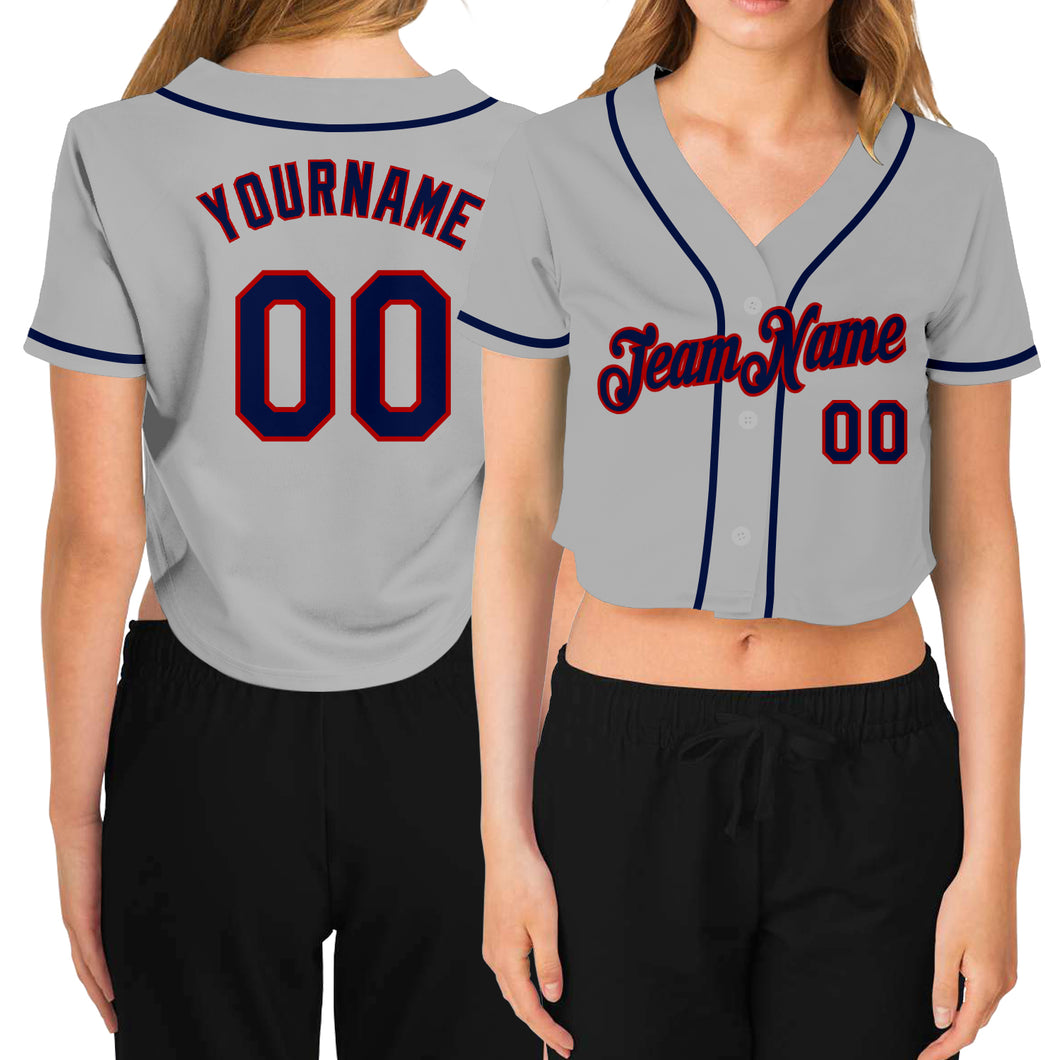 Custom Women's Gray Navy-Red V-Neck Cropped Baseball Jersey