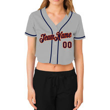 Load image into Gallery viewer, Custom Women&#39;s Gray Navy-Orange V-Neck Cropped Baseball Jersey
