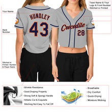 Load image into Gallery viewer, Custom Women&#39;s Gray Navy-Orange V-Neck Cropped Baseball Jersey
