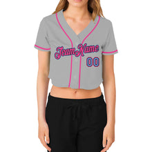 Load image into Gallery viewer, Custom Women&#39;s Gray Light Blue Black-Pink V-Neck Cropped Baseball Jersey
